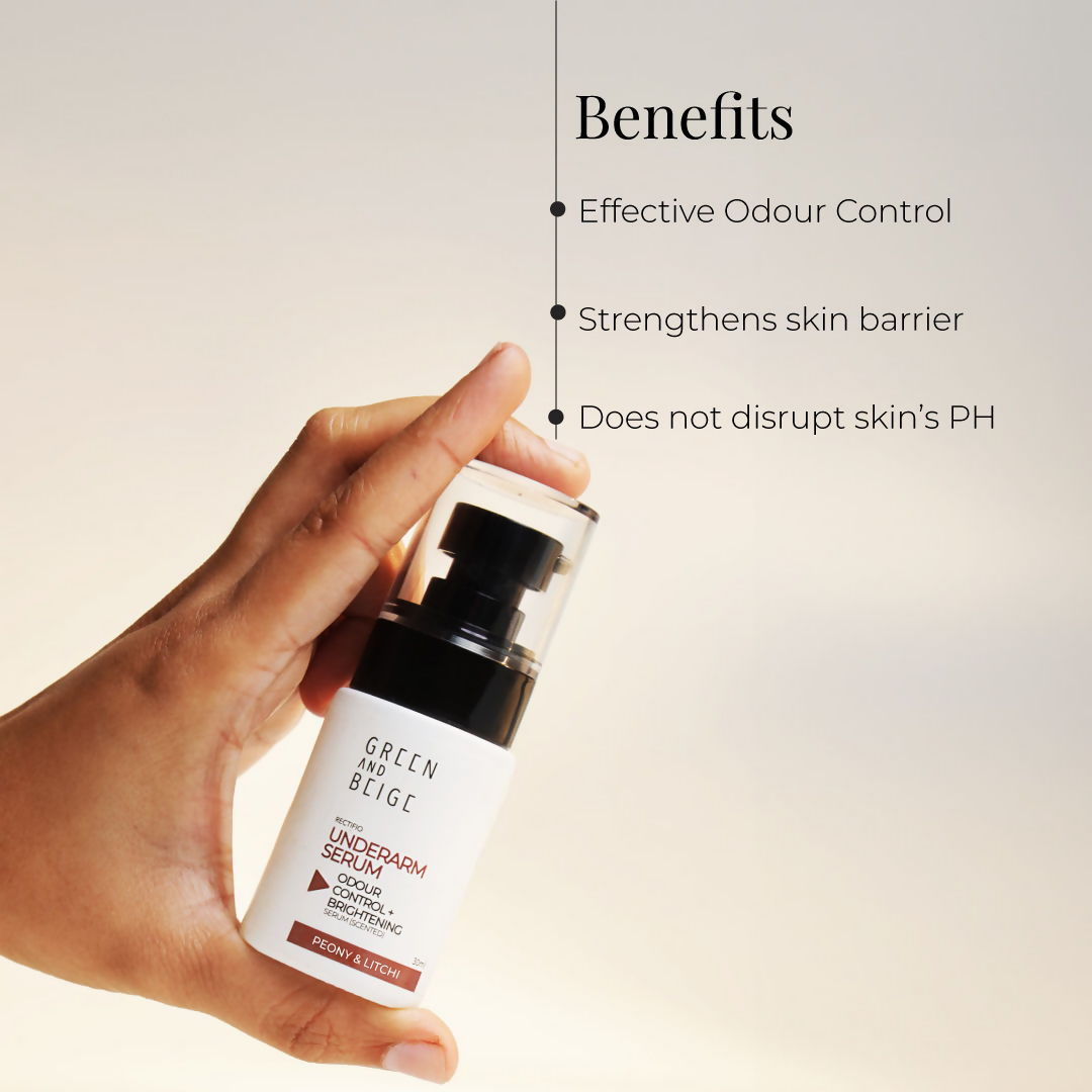 Green And Beige Rectifio Underarm Serum For Odour Control & Brightening - Peony Litchi Scented