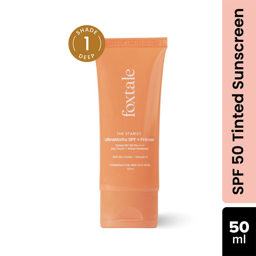 Foxtale Tinted Sunscreen SPF 50 PA++++ & Primer Shade 1  - Deep, Water Resistant with Dry -Touch Finish, Blurs Out Pores