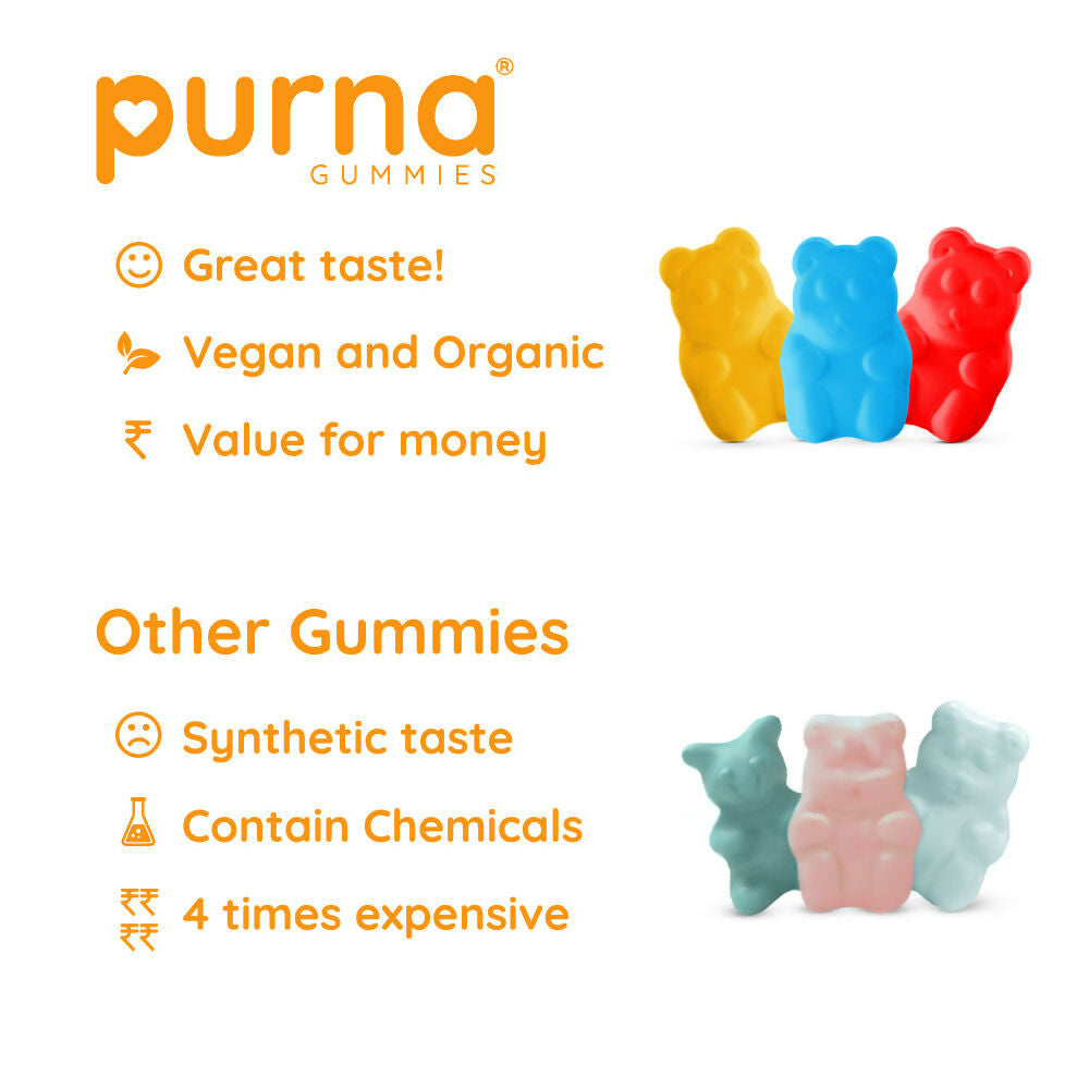 Purna Gummies Vitamin C Orange Gummies with Vitamin D3, and Zinc for Immunity & Clear Skin