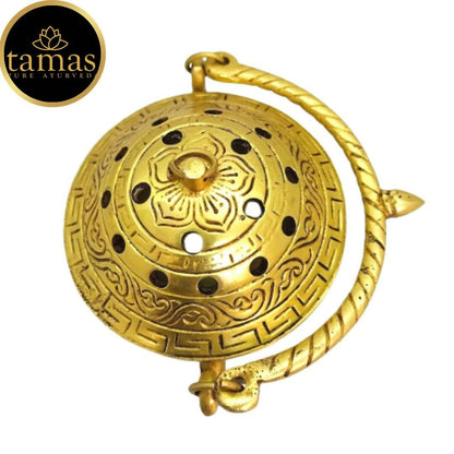 Tamas Brass Small Dhoop Burner with Handle and Lid (Golden)