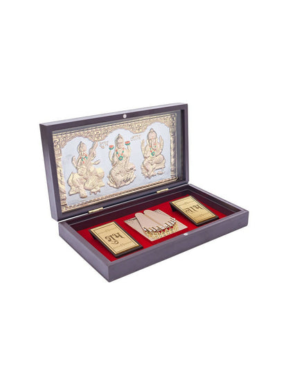 Golden Peacock 24 KT Gold-Polished Laxmi, Ganesha, Saraswati Pooja Box