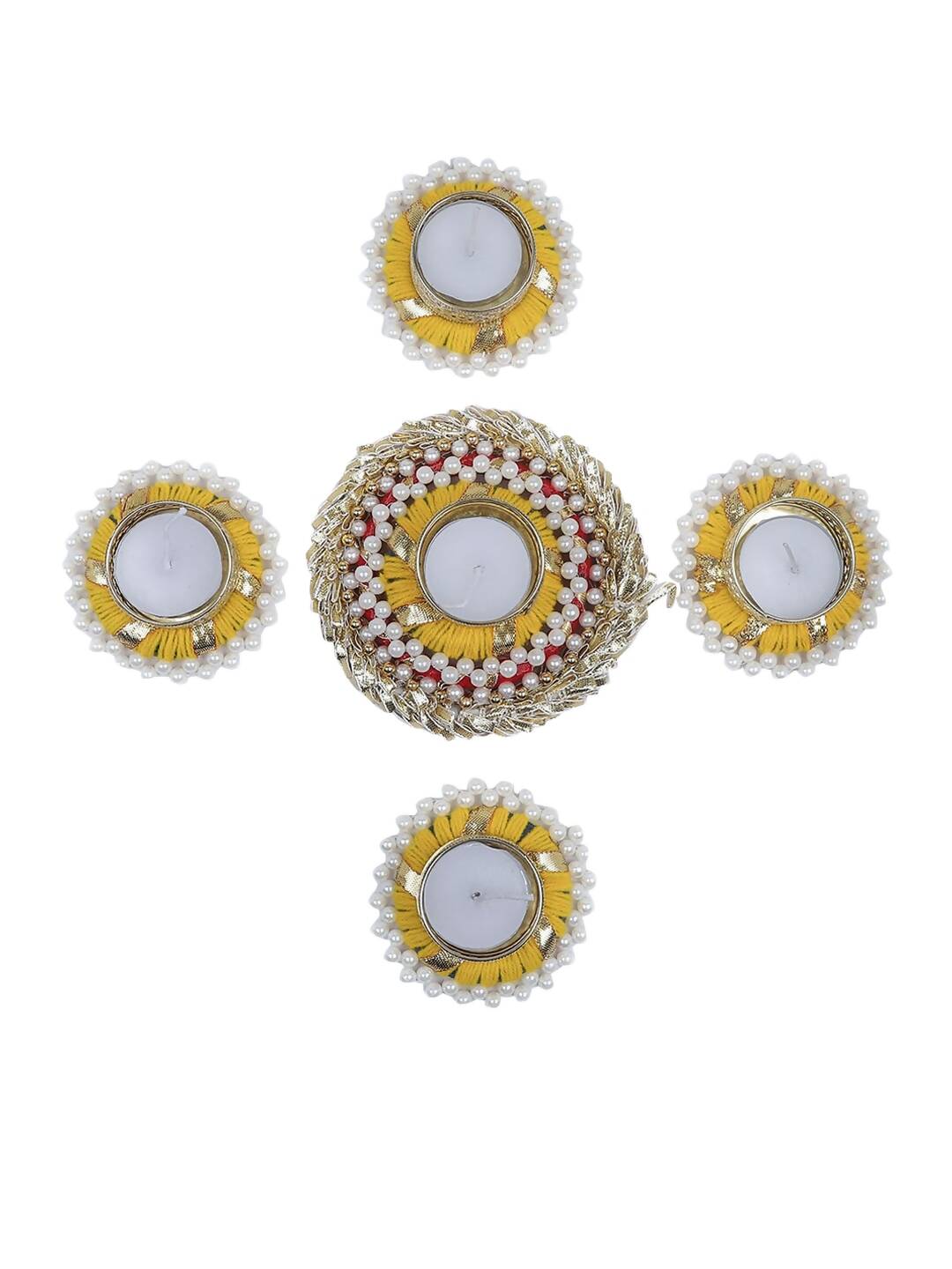Tied Ribbons Set Of 5 Golden Diwali Dcoration Tealight Candle Holder