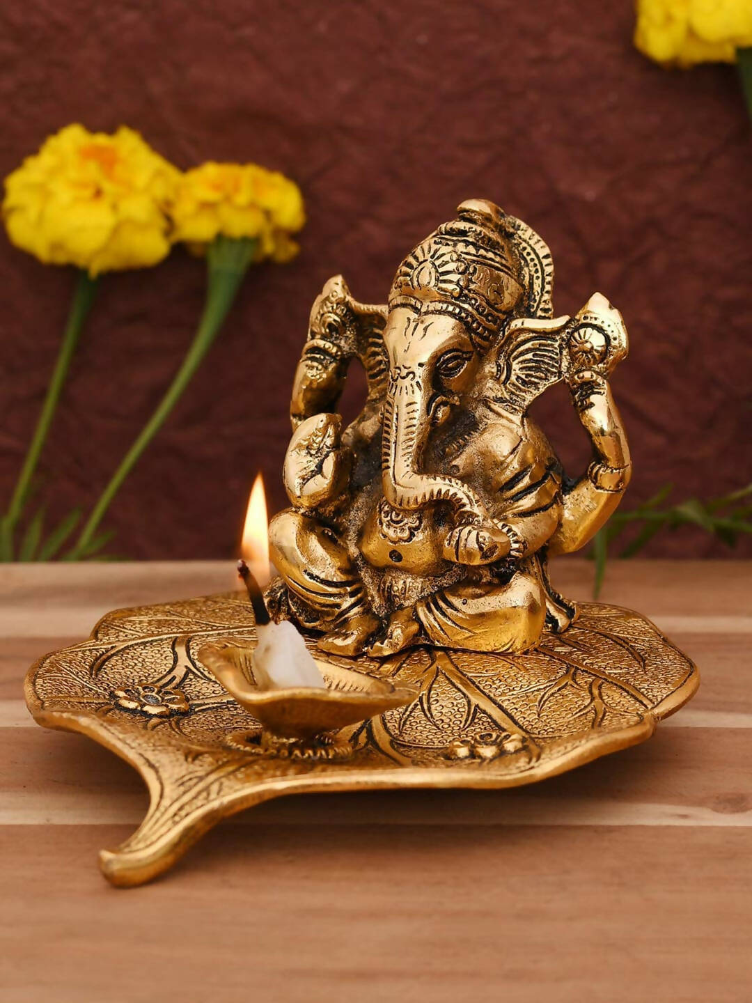 Buy CraftVatika Gold Toned Aluminium Ganesh with Diya Idol
