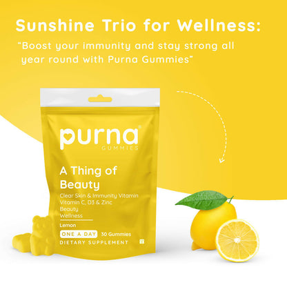 Purna Gummies Vitamin C Lemon Gummies with Vitamin D3, and Zinc for Immunity & Clear Skin