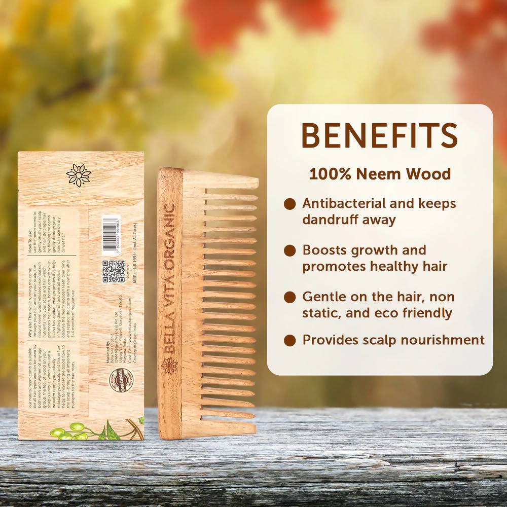 Bella Vita Organic Wide Teeth Wooden Comb for Detangled Hair