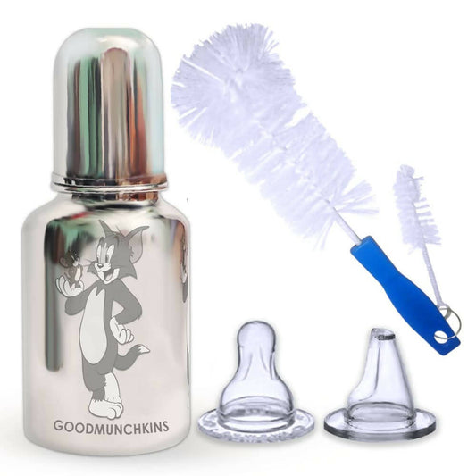 Buy Goodmunchkins Stainless Steel Feeding Bottle with Anti Colic Silicone Nipple/Bottle Cleaning Nylon Brush (300ml, Blue) from DrMediCart, Ship from India to USA