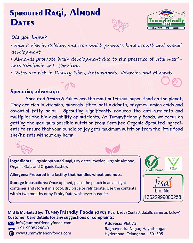TummyFriendly Foods Organic Sprouted Ragi, Almonds, Dates Porridge Mix - Drmedicart