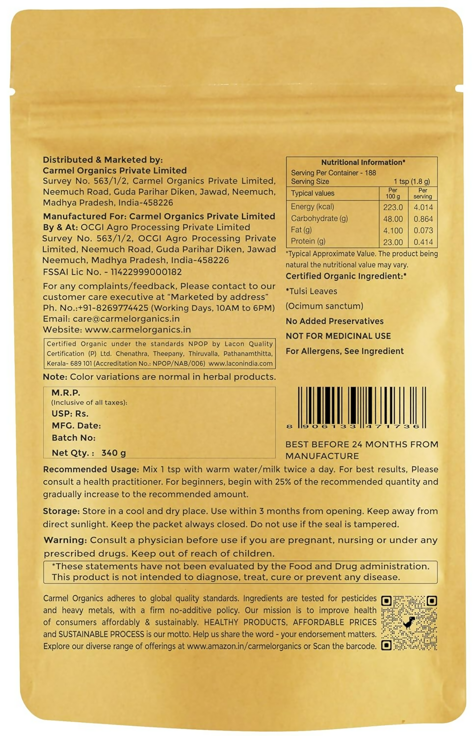 Carmel Organics Tulsi Leaves Powder