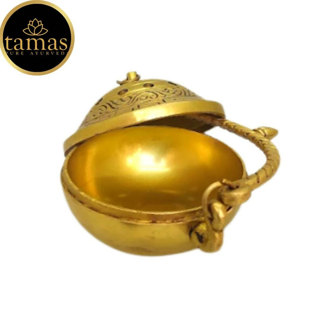 Tamas Brass Small Dhoop Burner with Handle and Lid (Golden)