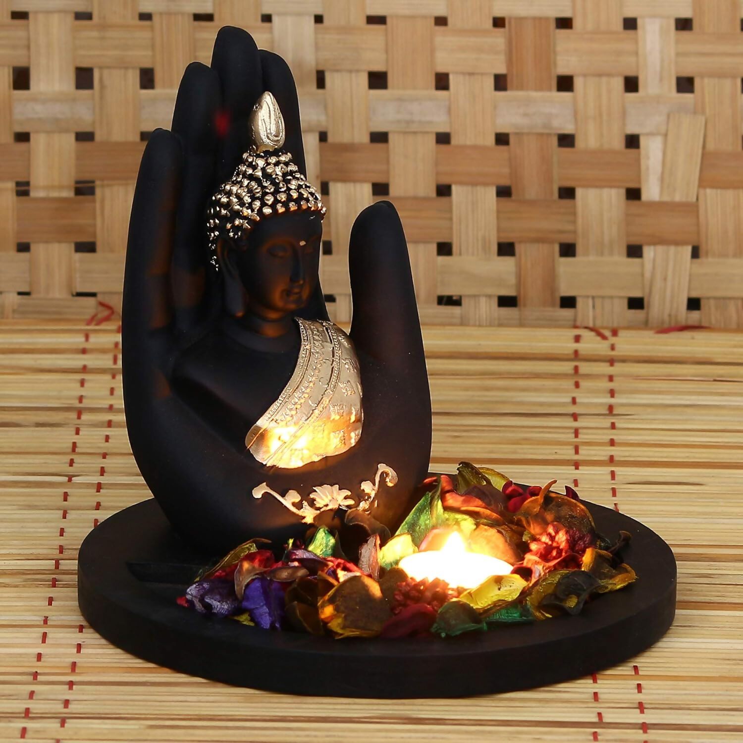 Buy eCraftIndia Black and Golden Polyresin Palm Buddha Statue