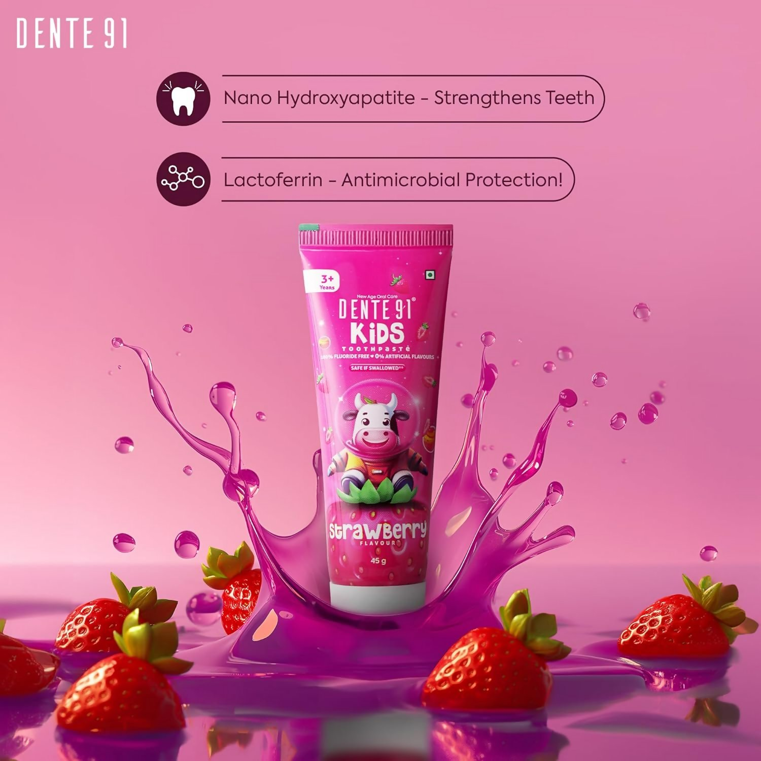 Dente91 Kids Toothpaste Protects Against Dental Caries & Hypersensitivity Fluoride Free Strawberry Flavour