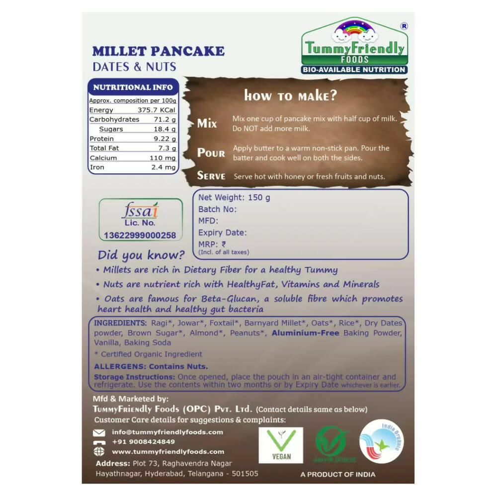 TummyFriendly Foods Millet Pancake Mix - Veggies, Dates, Nuts - Drmedicart