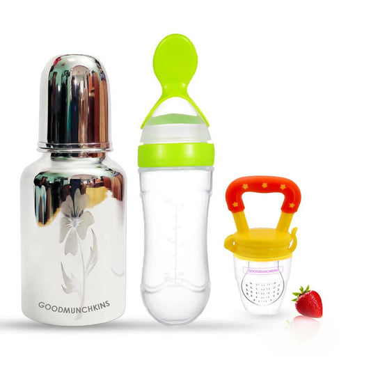 Buy Goodmunchkins Stainless Steel Feeding Bottle, Food Feeder & Fruit Feeder Combo for Baby-(Green-Yellow, 300ml) from DrMediCart, Ship from India to USA