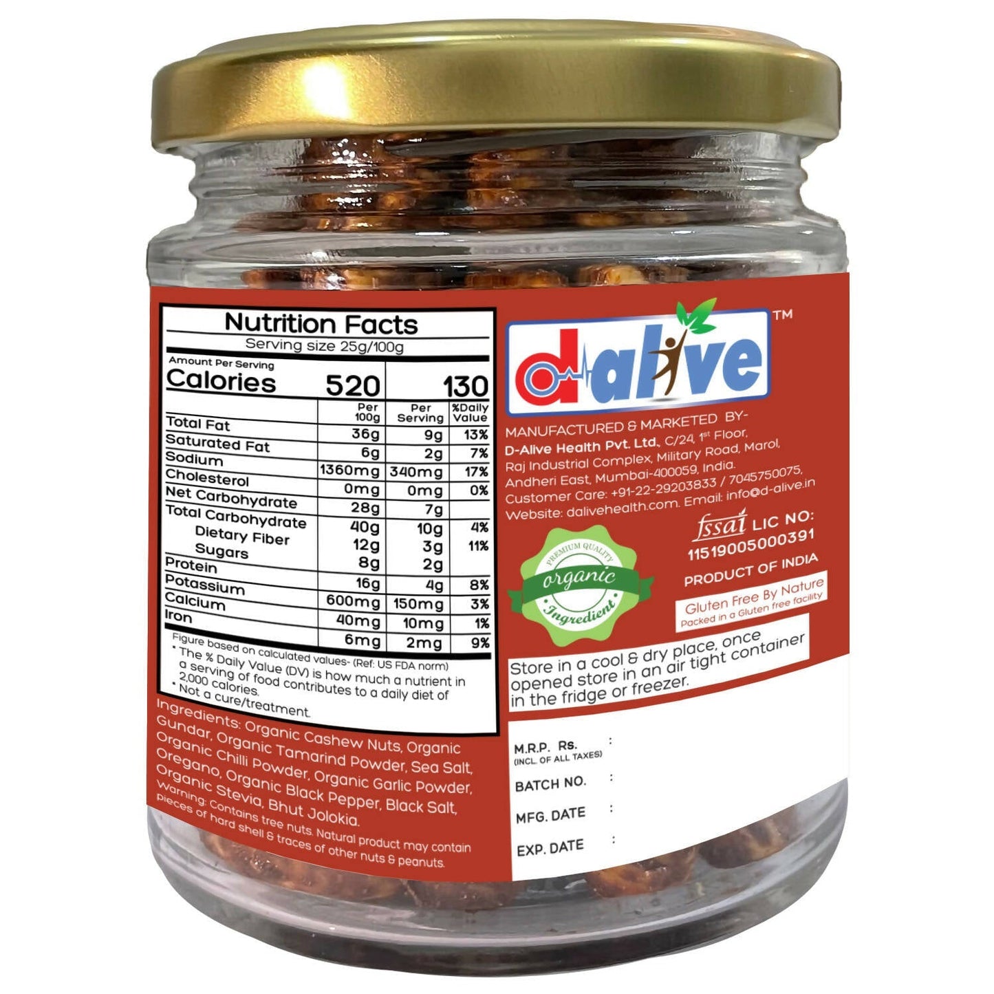 D-Alive Honestly Organic Activated Peri Peri - Cashews - Drmedicart