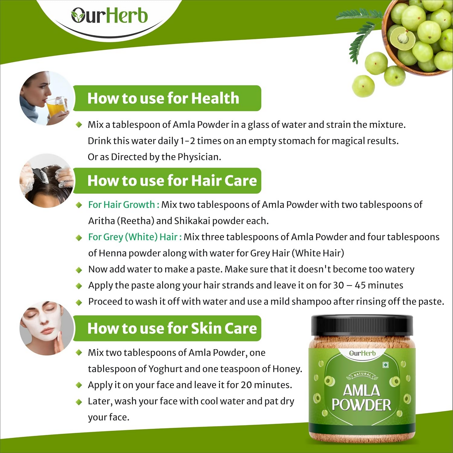 OurHerb Pure & Natural Amla Powder for Health, Skin & Hair