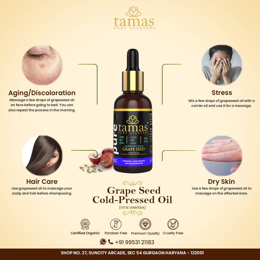 Buy Tamas Pure Ayurveda 100% Organic Grape Seed Cold Pressed Carrier Oil- USDA Certified Organic- 30ML from DrMediCart, Ship from India to USA
