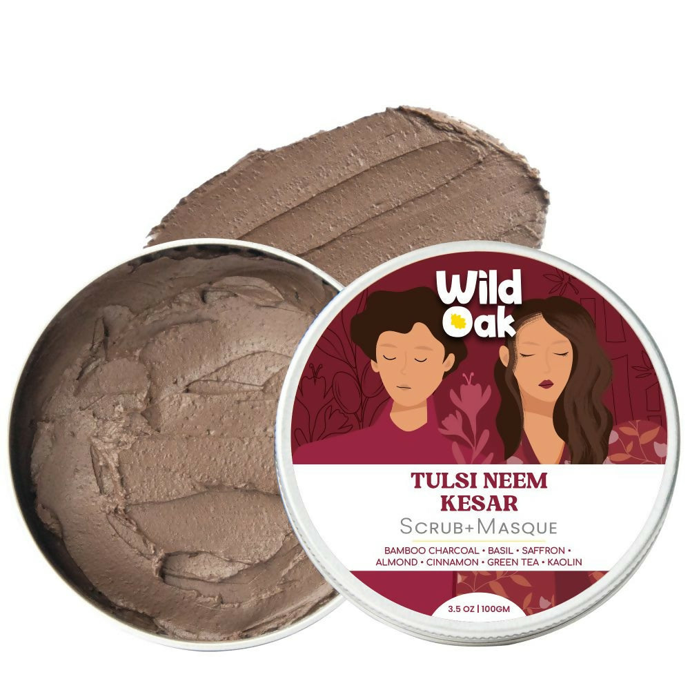 Wild Oak Tulsi, Neem & Kesar Face Scrub & Clay Mask | Anti Acne | De-Tan & Open Pores | Anti Aging & Hyperpigmentation