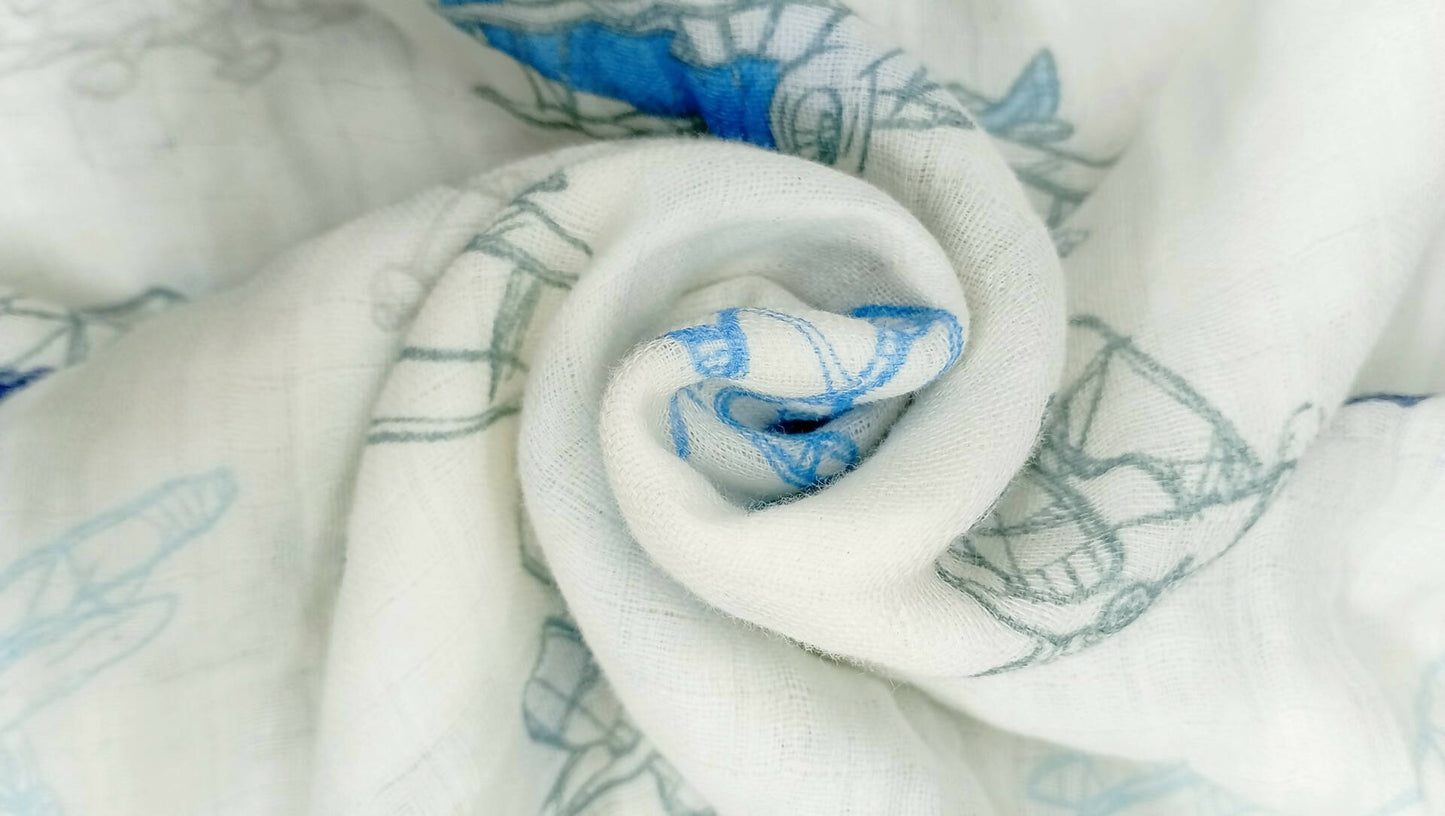 Kindermum Organic Cotton Muslin Swaddle Blanket 100 Cm X 100 Cm - Set Of 2 - Transport And Aviator