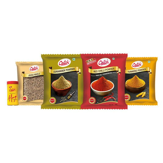 Buy Catch Masala & Spices Combo Five Pack - Coriander Powder 200 gms + Turmeric Powder 200 gms + Red Chilli Powder 200 gms + Cumin Whole 200 gms + Hing 50 gms from DrMediCart, Ship from India to USA