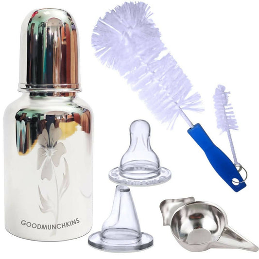 Buy Goodmunchkins Stainless Steel Feeding Bottle with Bottle Cleaning Brush/Chakku/Anti Colic Silicone Nipple Combo-(300ml,Blue) from DrMediCart, Ship from India to USA