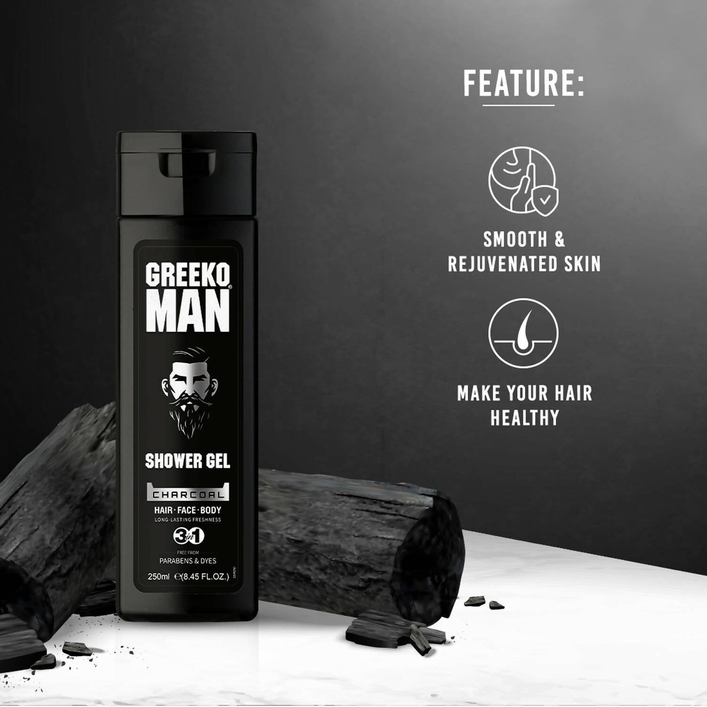 Vasu Healthcare Greeko Man 3 in 1 Charcoal Shower Gel - Drmedicart