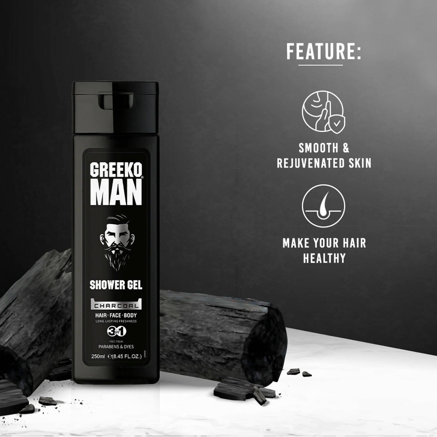 Vasu Healthcare Greeko Man 3 in 1 Charcoal Shower Gel - Drmedicart