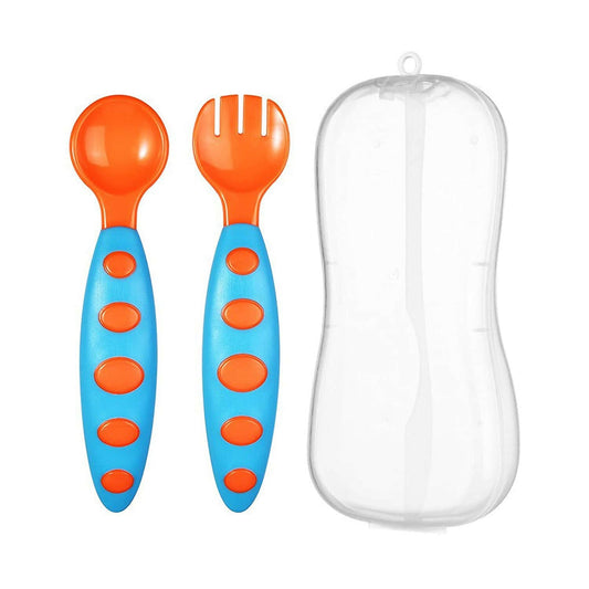 Safe-O-Kid Bpa Free Extra Safe Silicone Feeding/Training Spoon With Box For Baby- Blue & Orange