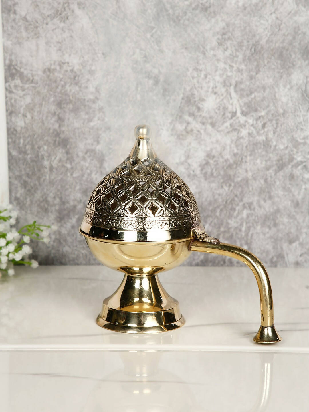 CraftVatika Gold-Toned Dhoop Dani Loban With Handle & Incense Stick Holder Showpiece