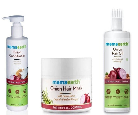 Buy Mamaearth Onion Conditioner + Hair Mask + Hair Oil For Hair Fall Control Combo Pack from DrMediCart, Ship from India to USA