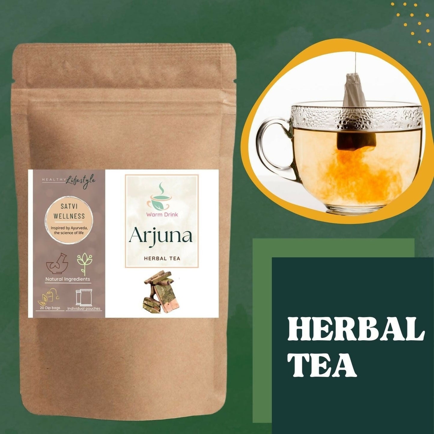 Satvi Wellness Arjuna herbal tea | Terminalia Arjuna tea bag | Natural ingredients | Herbal tea