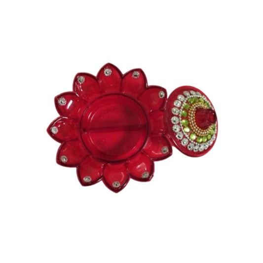 Red Color Kumkum Box in Flower Shape – Decorative Holder for Haldi Kumkum