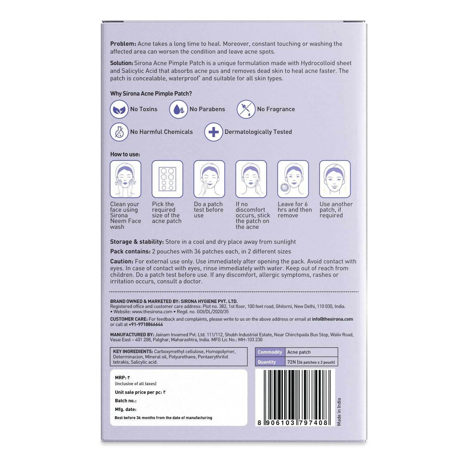 Sirona Anti Acne Pimple Patches For Face with 0.5% Salicylic Acid Invisible Facial Stickers Cover