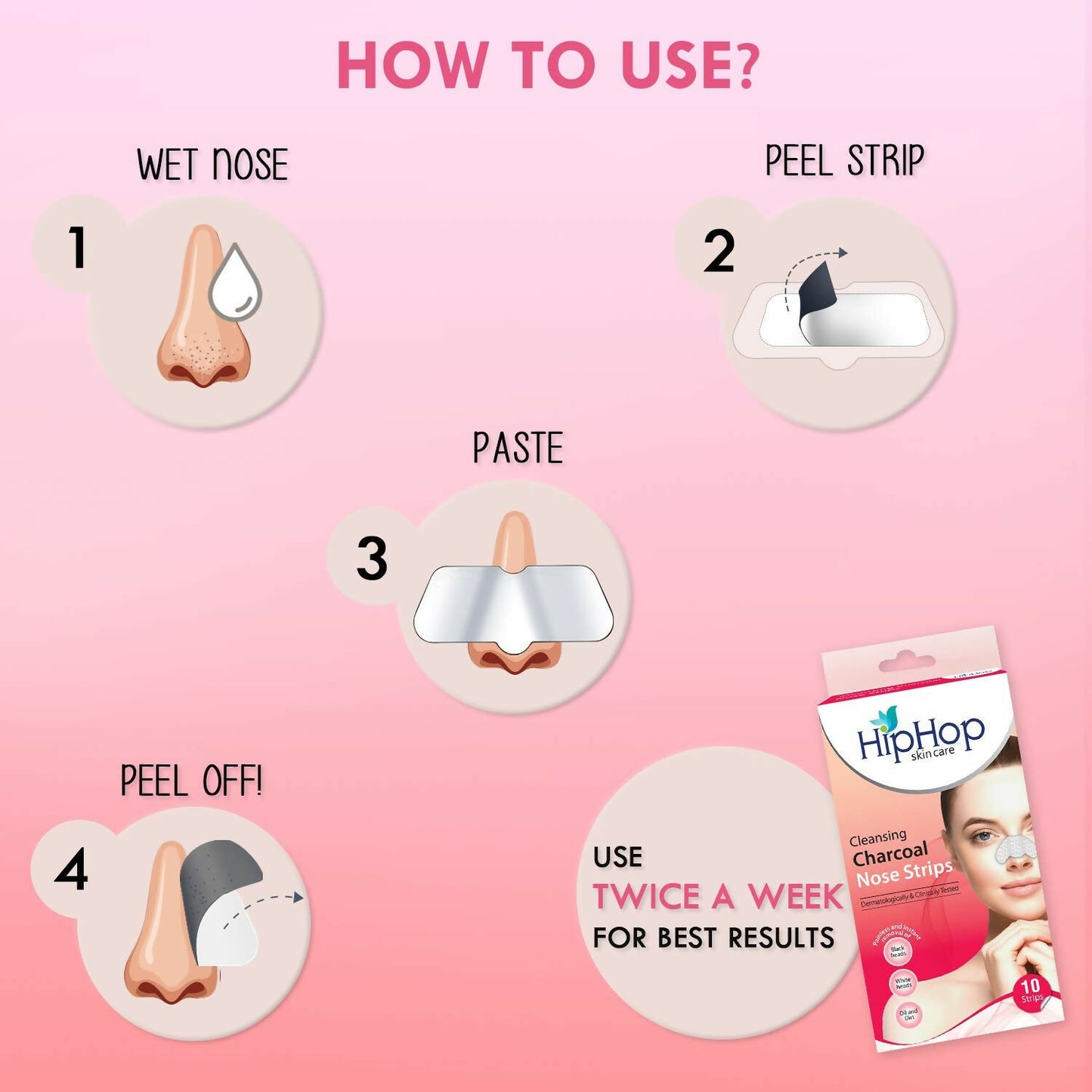 HipHop Skin Care Cleansing Charcoal Nose Strips For Blackheads, Whiteheads Remover, Pore Cleanser, with Natural Extracts