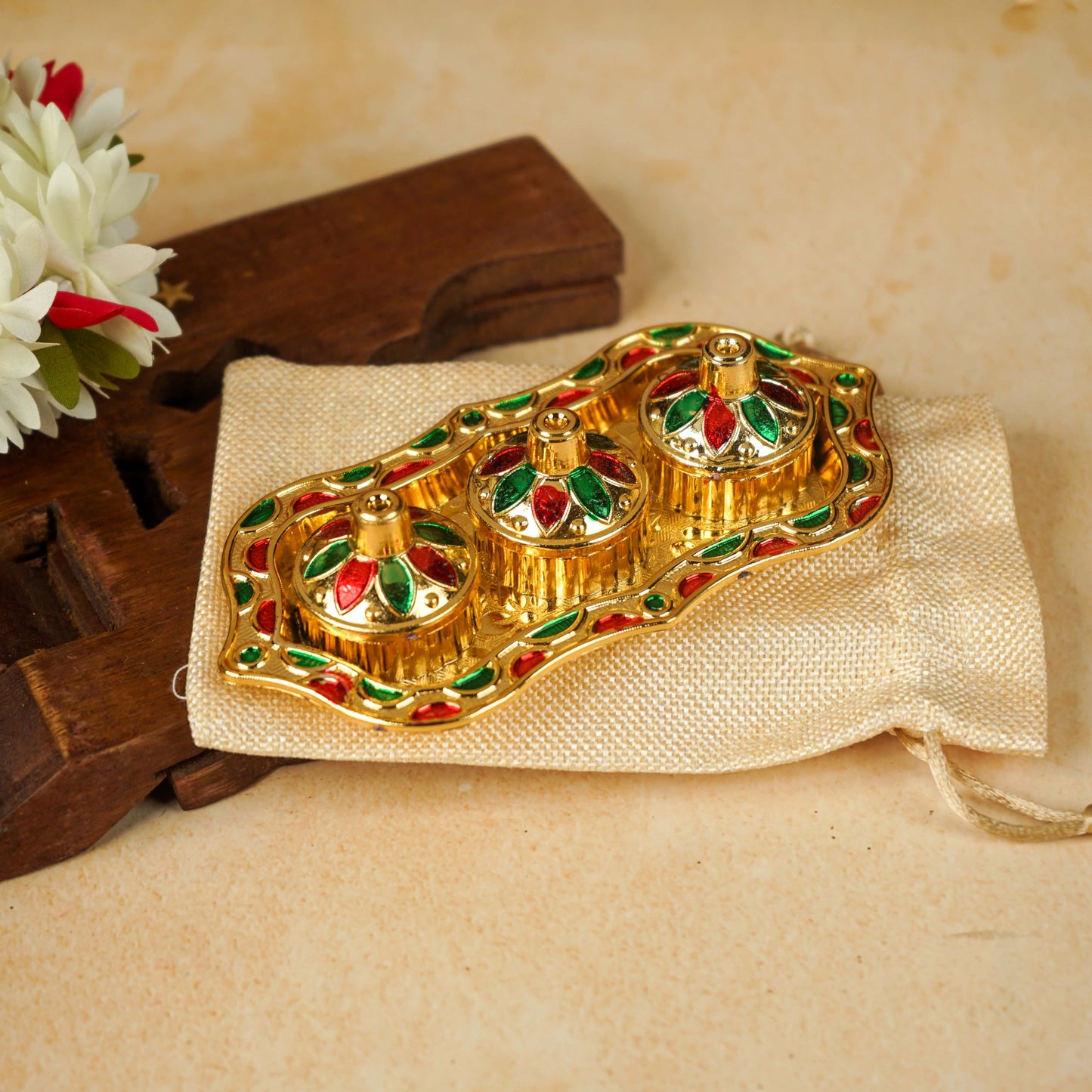 Sri Rudra Fiber Gold Kumkum Haldi Chandan Tray (SR 01962)