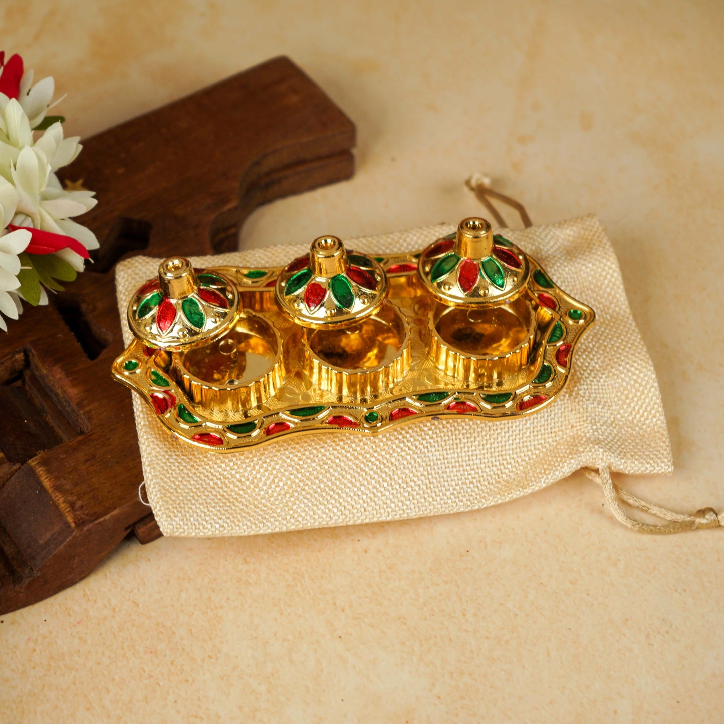 Sri Rudra Fiber Gold Kumkum Haldi Chandan Tray (SR 01962)