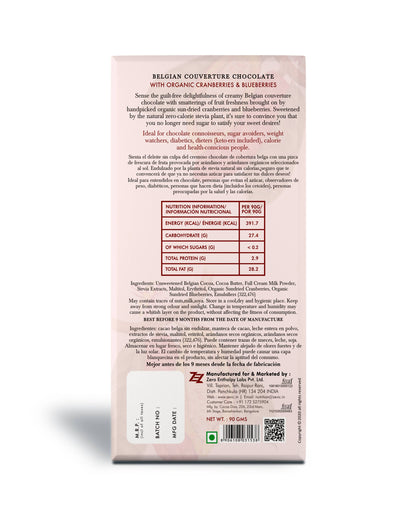 Zevic Belgian Couverture Chocolate with Organic Cranberries and Blueberries