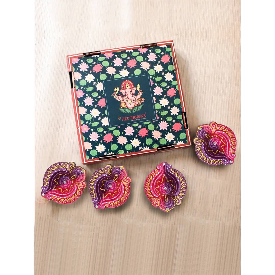 Buy Tied Ribbons Set of 4 Red & Violet Textured Terracotta Diyas