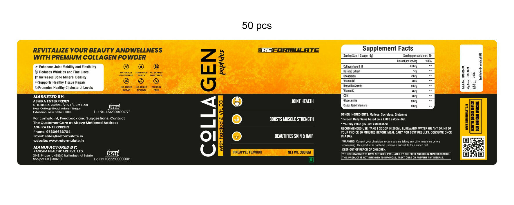 Reformulate Colla Gen Powder Peptides With Hadjod & Vitamin D3 I Joint Health I Boosts Muscle Strength I Beautifies Skin & Hair I Pine Apple