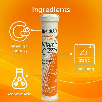 HealthAid Vitamin C 1000mg Orange Flavour with Zinc Effervescent Tablets