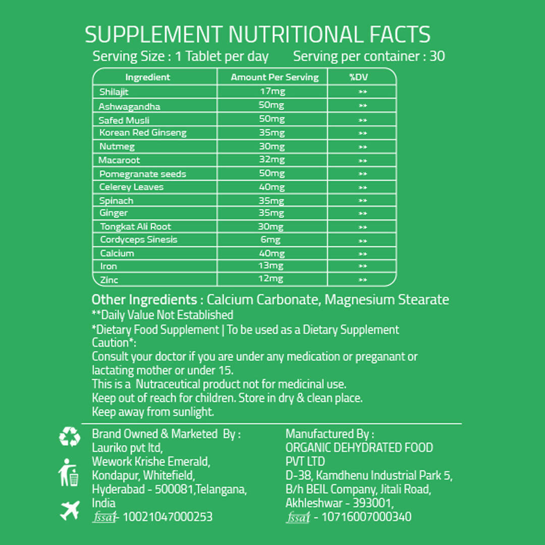 Laurik Testosterone Himalayan Sj, Ashwagandha, Safed Musli, Maca Root, And Korean Red Ginseng Tablets