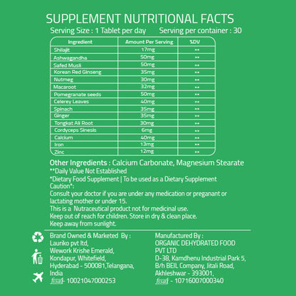 Laurik Testosterone Himalayan Sj, Ashwagandha, Safed Musli, Maca Root, And Korean Red Ginseng Tablets