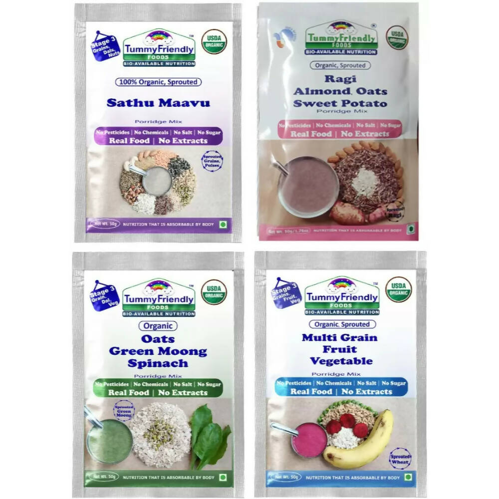 Buy TummyFriendly Foods Certified Stage3 Porridge Mixes Trial Packs - Ragi, MultiGrain, Oats, Sathu Maavu for 8 Months Old Baby from DrMediCart, Ship from India to USA