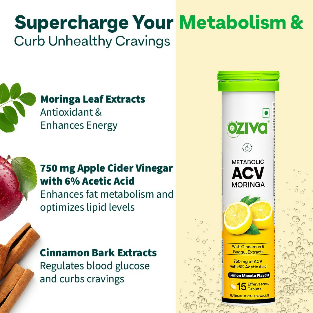 OZiva Metabolic ACV Moringa Effervescent Tablets for Control Cravings - Lemon Masala Flavor