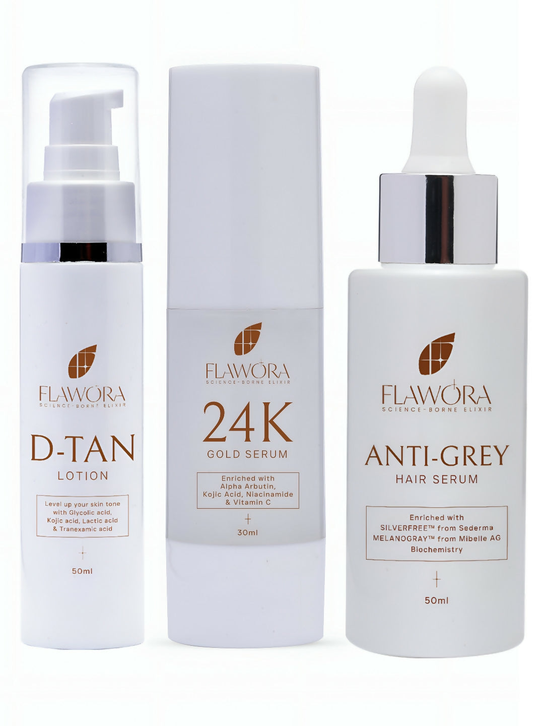 Flawora Anti-Grey Hair Serum, D-Tan Lotion and Gold Face Serum Combo