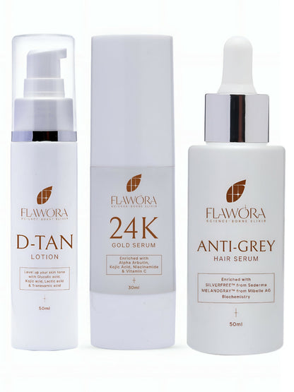 Flawora Anti-Grey Hair Serum, D-Tan Lotion and Gold Face Serum Combo