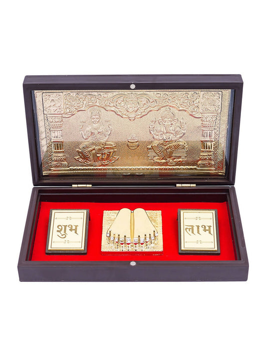 Golden Peacock Brown & Gold-Toned 24 Ct Gold Foil Laxmi And Ganesh Pooja Box