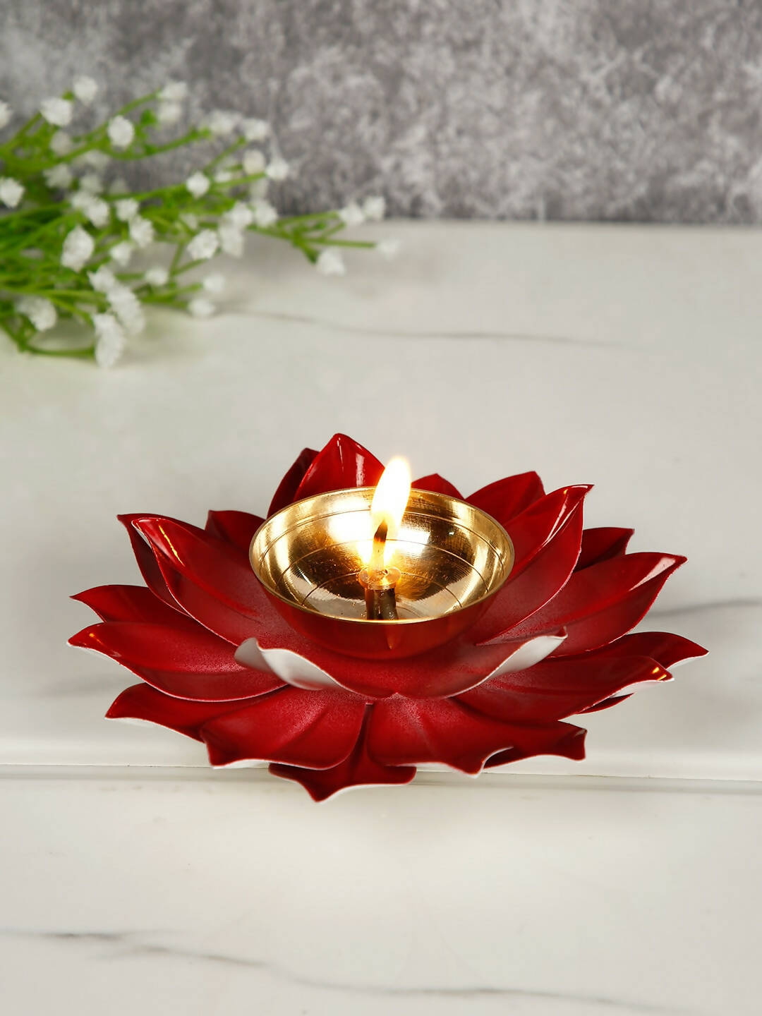 Buy CraftVatika Red Lotus-Shaped Pooja Diya Oil Lamp