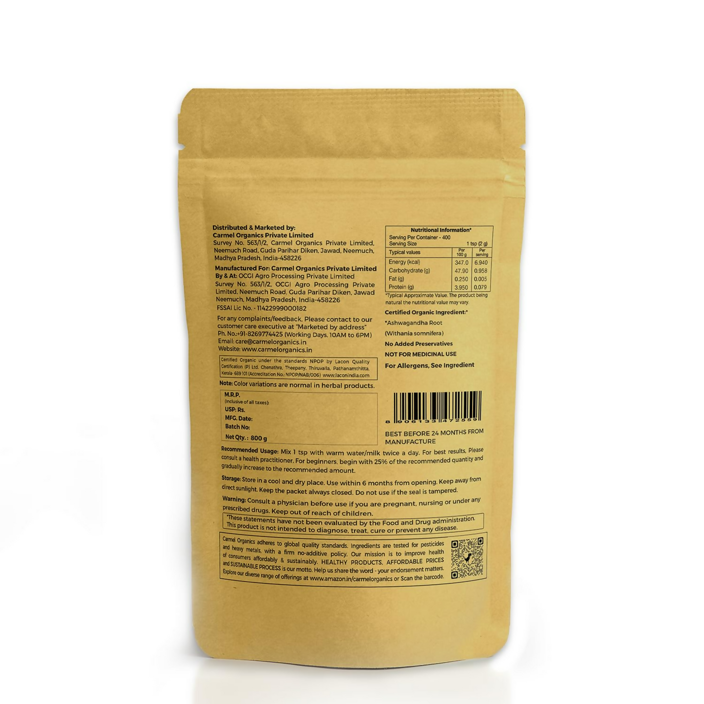 Carmel Organics Ashwagandha Root Powder