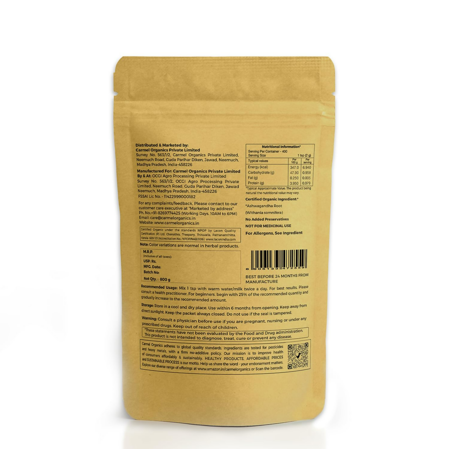 Carmel Organics Ashwagandha Root Powder