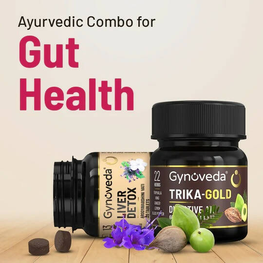 Gynoveda Gut Health Liver Detox + Trika-Gold Ayurvedic Tablets Combo